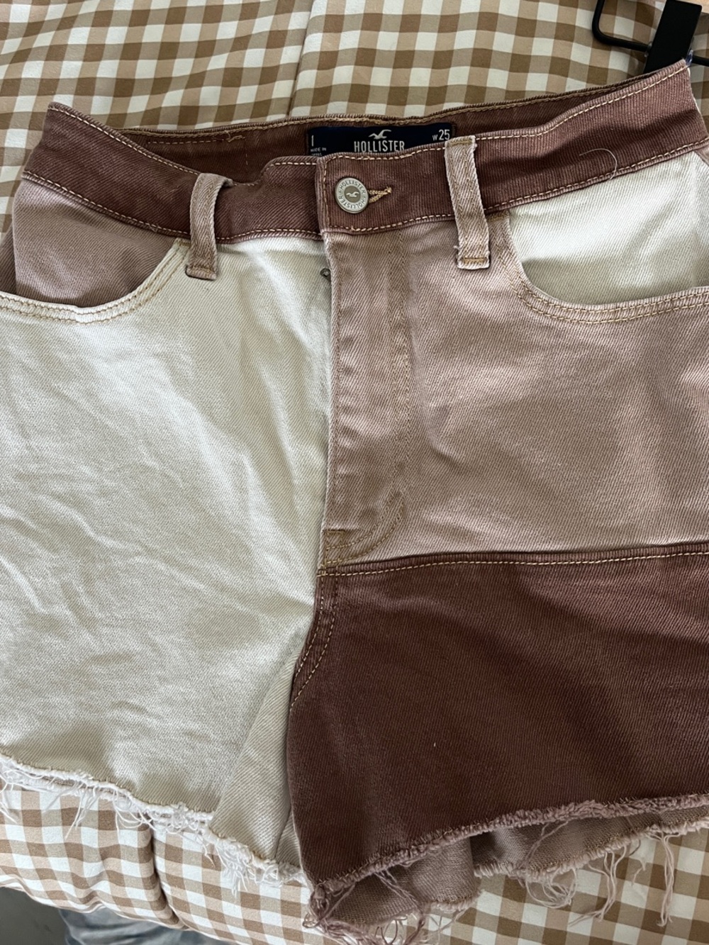 Hollister Two-Tone Patchwork Brown & Cream Denim Shorts